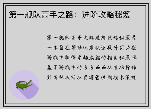 第一舰队高手之路：进阶攻略秘笈